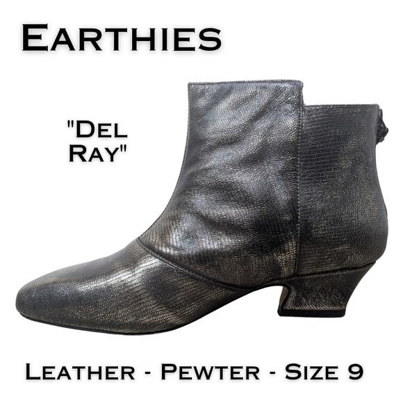 Earthies Del Ray Leather Pewter Gray Metallic Ankle Boots Distressed Size 9 - Picture 1 of 12